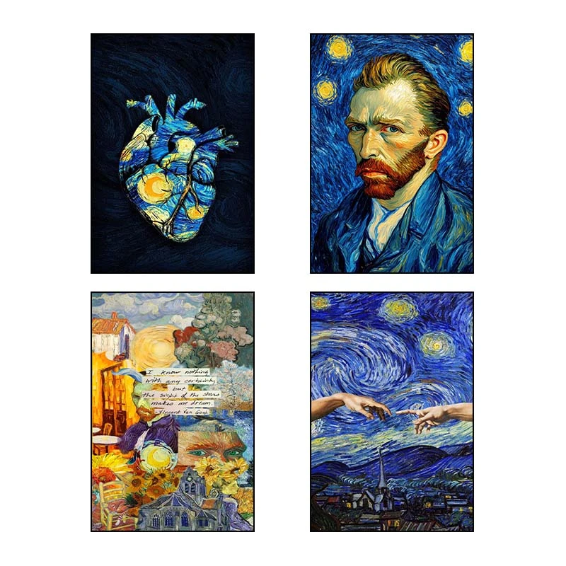 تابلو شاسي کارنيکا طرح شب پرستاره فانتزی ون‌گوگ Fantasy Starry Night Van Gogh کد 43673 مجموعه 4 عددی