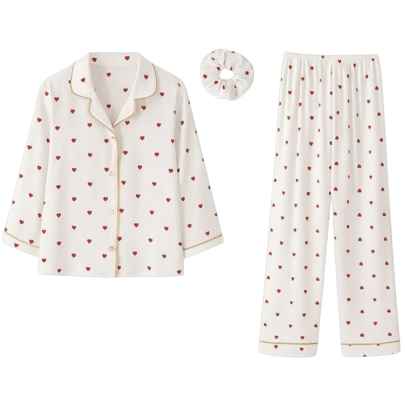 لباس خواب زنانه مدل ساتن ابریشم طرح قلب همراه با اسکرانچی