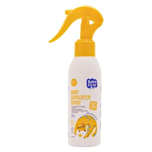 اسپری ضد آفتاب بدون رنگ بیبی فرست SPF 50 مدل پری بیوتیک مناسب انواع پوست حجم  150 میلی‌لیتر