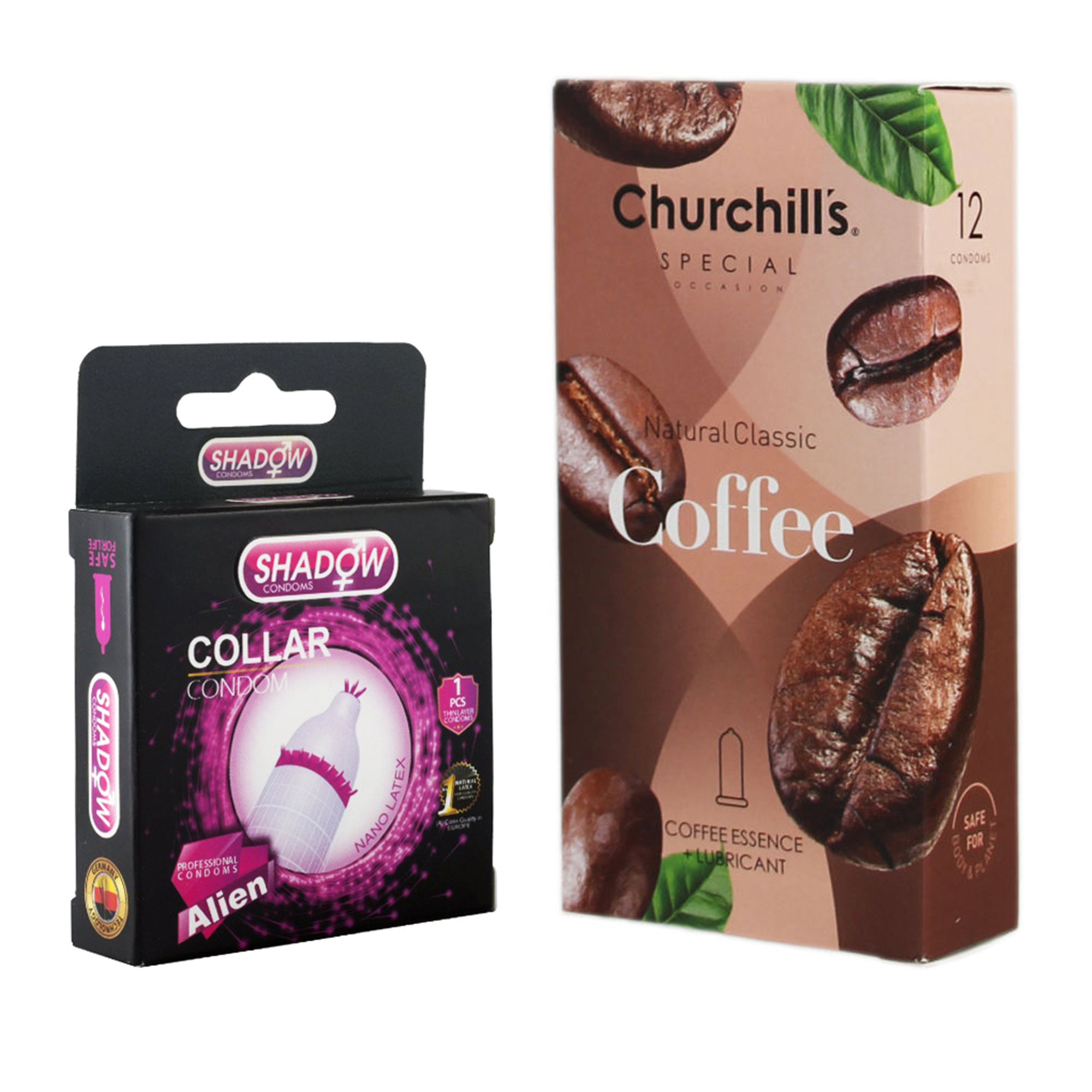 کاندوم چرچیلز مدل Coffee بسته 12 عددی به همراه کاندوم شادو مدل Collar