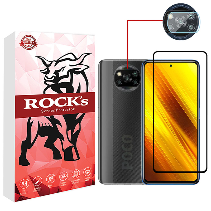 محافظ صفحه نمایش شیشه ای راکز مدل FGS مناسب برای گوشی موبایل شیائومی Poco X3 NFC به همراه محافظ لنز دوربین