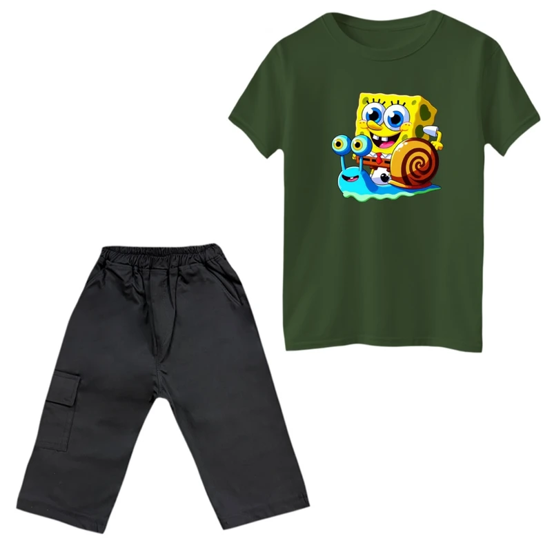 ست تی‌شرت و شلوارک پسرانه مدل باب اسفنجی کد 2 رنگ یشمی 