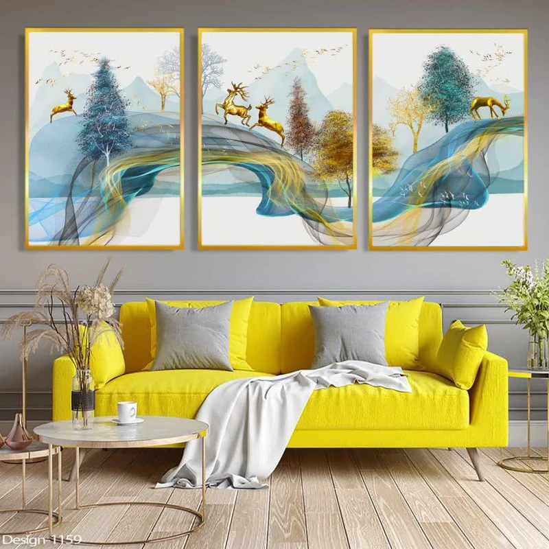  تابلو مدل منظره طرح ماه و گوزن کد 504 فریم طلایی مجموعه سه عددی