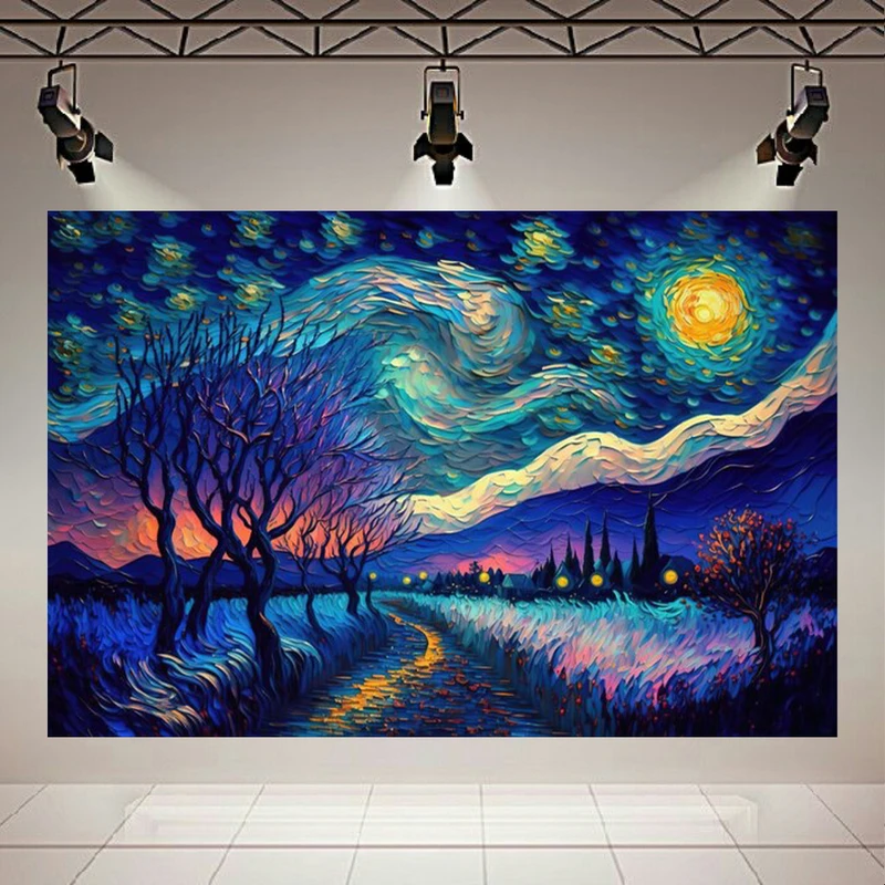تابلو بوم طرح مخمل نقاشی شب پر ستاره ونگوگ مدل شب مهتابی کد AR303963