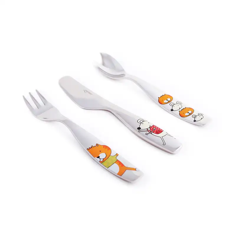 سرویس قاشق و چنگال کودک چینی زرین ایران مدل کیدز اورینت دوستان مجموعه 3 عددی