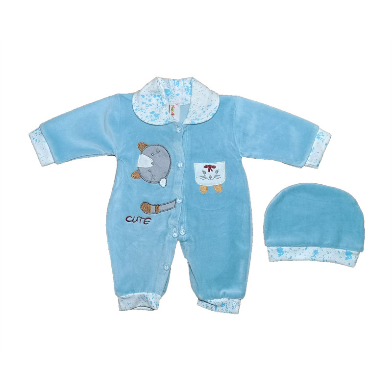 ست سرهمی و کلاه نوزادی مدل cute مخملی کد 185 رنگ آبی روشن 