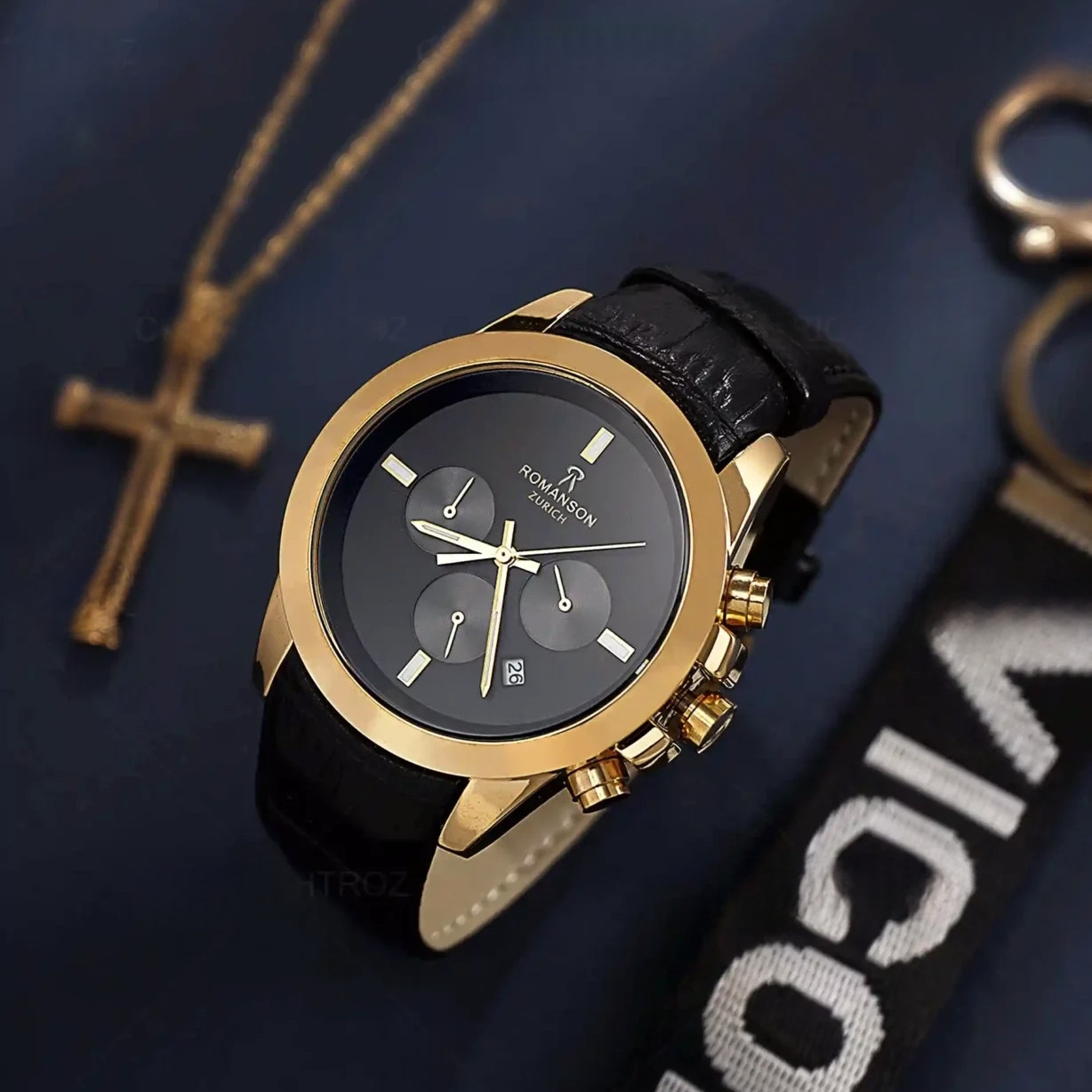 ساعت مچی عقربه‌ای مردانه رومانسون مدل سه موتور کورنوگراف بند چرمی قفل مخفی