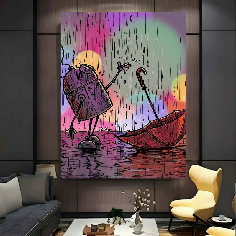 تابلو بوم طرح مخمل نقاشی ربات و چتر مدل بارانی کد BK24445