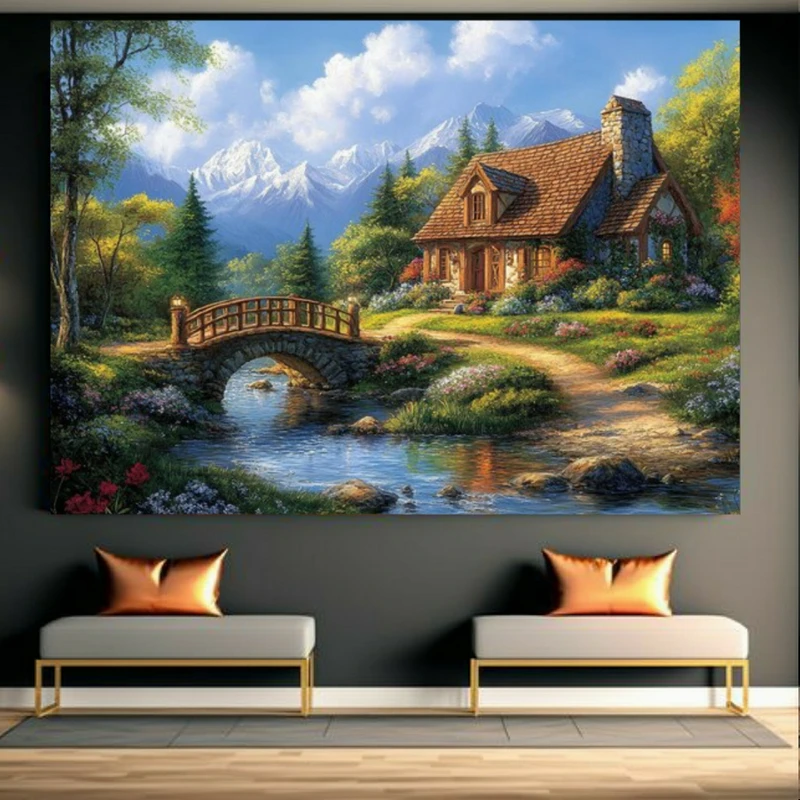 تابلو بوم طرح نقاشی خانه سنگی رودخانه و پل کد FP104901