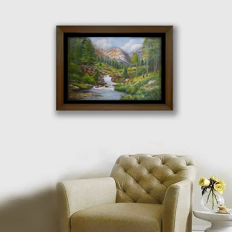 تابلو نقاشی رنگ روغن طرح طبیعت جنگل و رودخانه