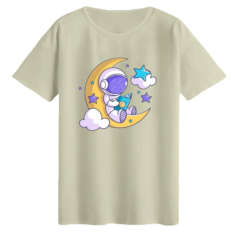 تی‌شرت لانگ آستین کوتاه زنانه مدل فضانورد و ماه کد۱ رنگ کرم