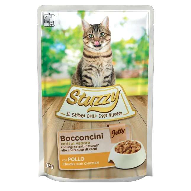 پوچ غذای گربه استوزی مدل مرغ ژلی Chunks وزن 85 گرم
