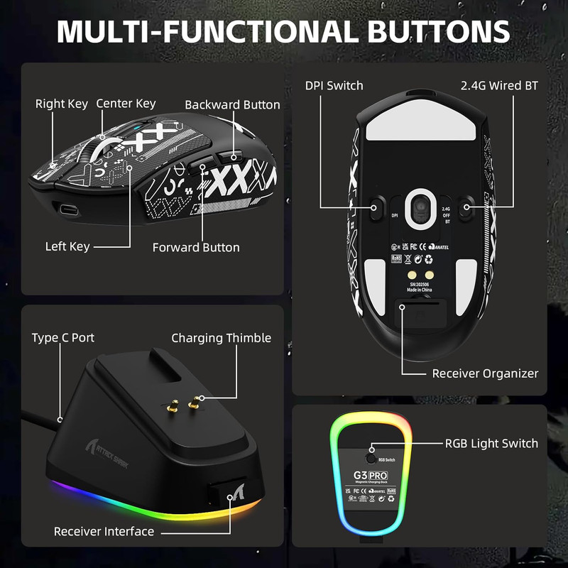 ماوس بی سیم گیمینگ اتک شارک مدل G3 Pro With RGB Charging Dock