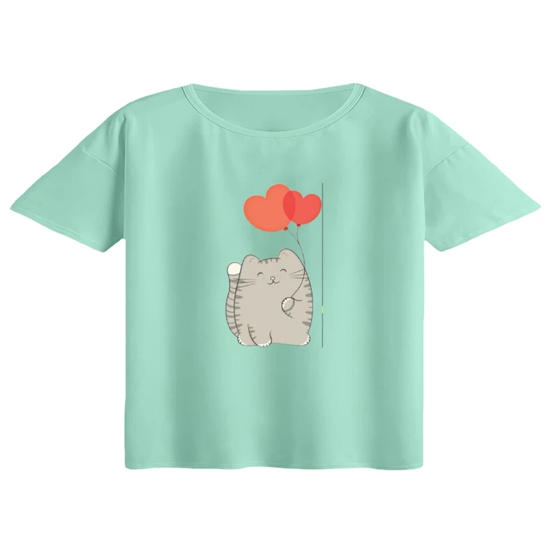 کراپ تی‌شرت آستین کوتاه زنانه مدل گربه و بادکنک قلبی