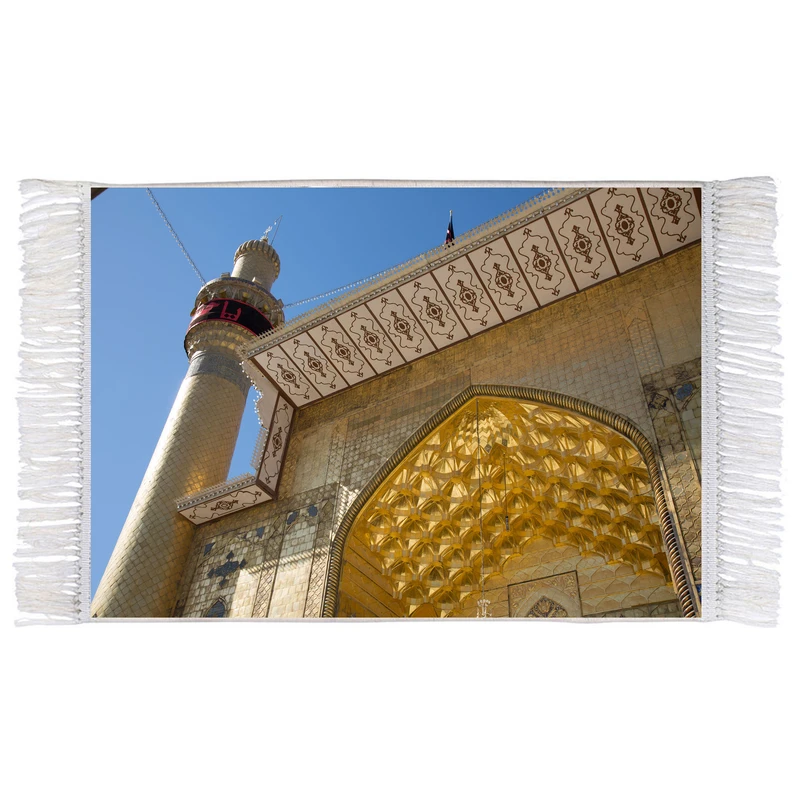 فرش ماشینی دیوارکوب اطلس آبی مدل گنبد و گلدسته حرم حضرت علی کد T4082