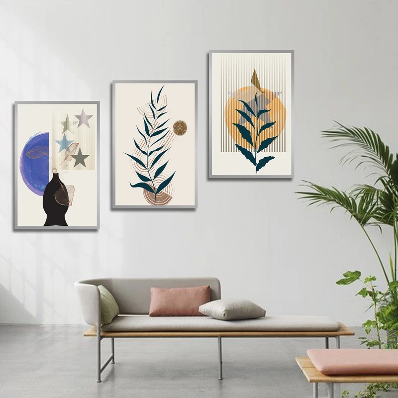 تابلو بکلیت طرح مینیمال برگ مدل SI-3246 فریم نقره ای مجموعه 3 عددی