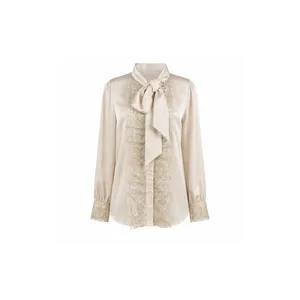 Women’s Silk Satin Tie-Front Shirt with Buttons, Rosa Model