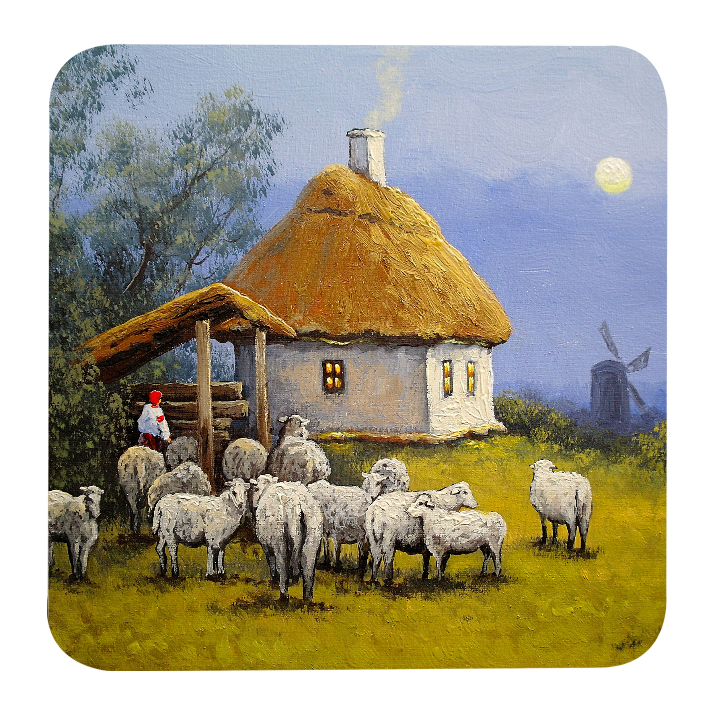 مگنت طرح نقاشی منظره مزرعه آسیاب بادی و کلبه و گله گوسفند کد G1021