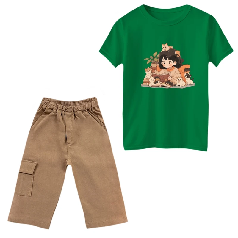 ست تی‌شرت و شلوارک دخترانه مدل دخترک و گربه ها