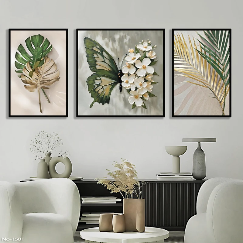  تابلو مدل دکوراتیو طرح گل کد 356 فریم مشکی مجموعه سه عددی