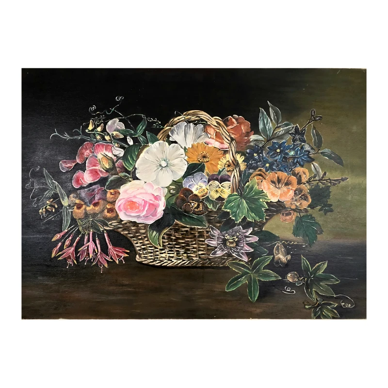 تابلو نقاشی رنگ روغن به سبک رئالیسم طرح سبد پرگل