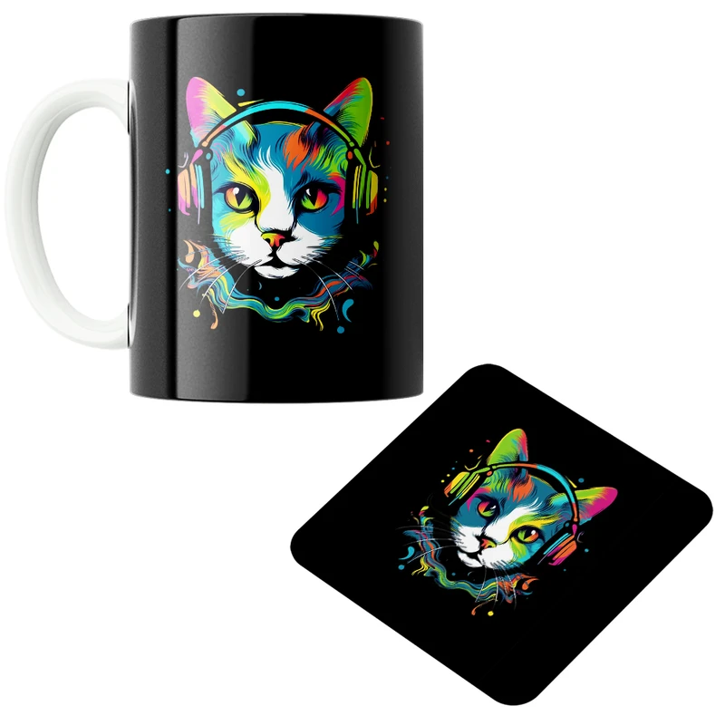 ماگ پاد آفرین مدل گربه کد z498 به همراه زیر لیوانی