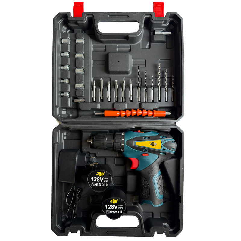 دریل پیچ گوشتی شارژی سه نظام 10 میلیمتری 128 ولت جاب مدل JB-128 POWER X مجموعه 40 عددی