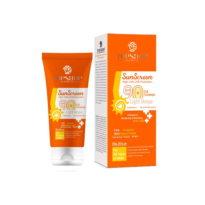 کرم ضد آفتاب رنگی تاپ شاپ مدل Light Beige SPF 90 مناسب انواع پوست حجم 50 میلی لیتر