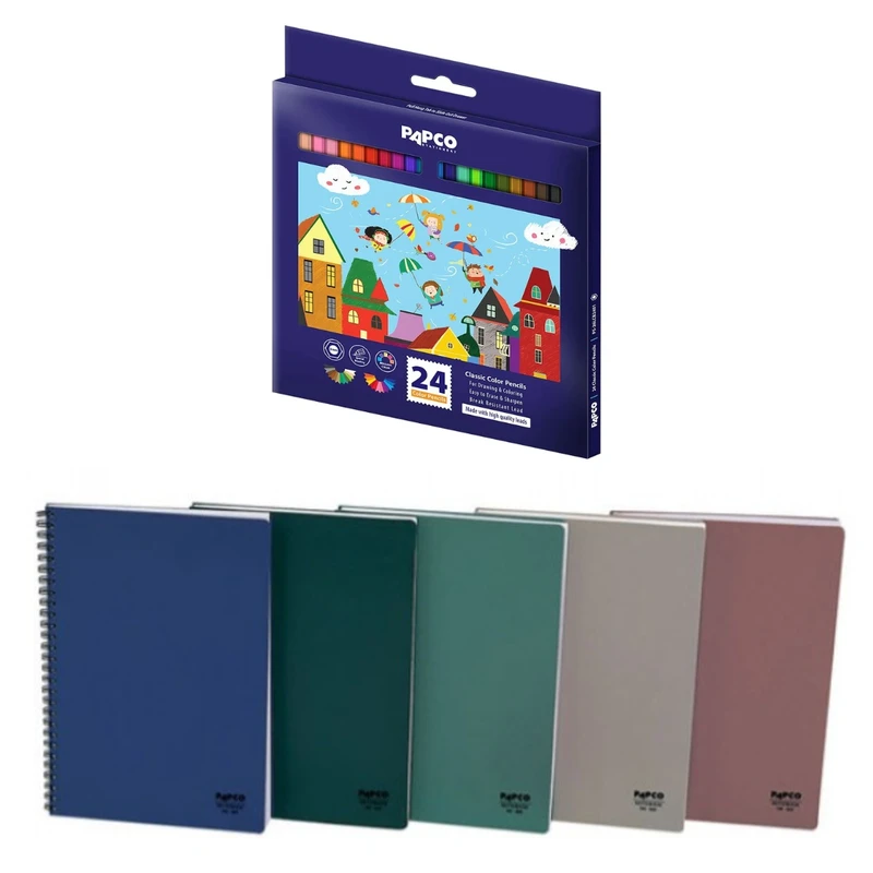 دفتر مشق ۱۰۰ برگ پاپکو مدل ۶۲۰ به همراه مدادرنگی بسته ۶ عددی 