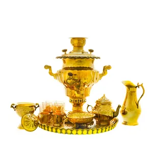 سرویس سماور ذغالی 12 پارچه برنجی مدل میخی ترک دار کد 4452