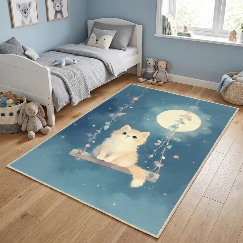 فرش ماشینی 1000 شانه زمینه آبی حاشیه آبی مدل اورکوم طرح اتاق کودک کد kids.9013.01