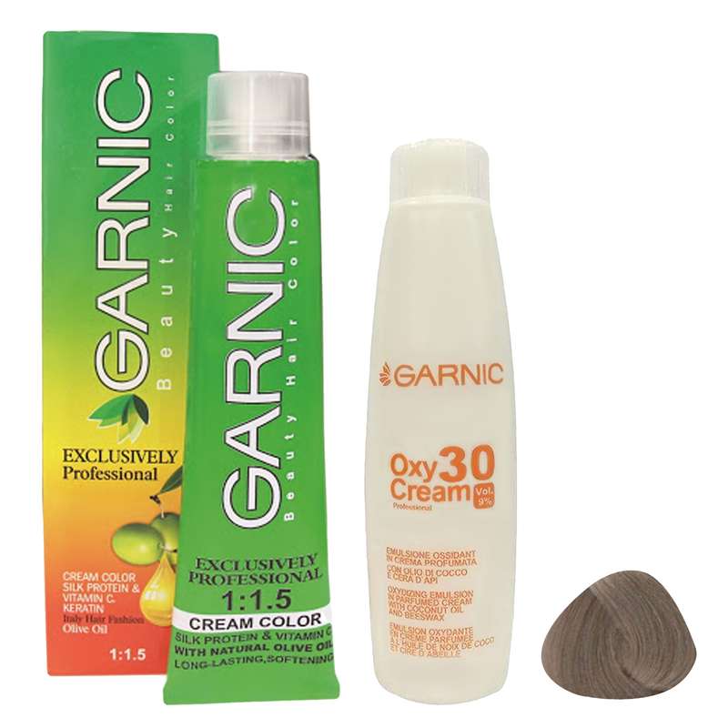 رنگ مو گارنیک شماره 8.1 حجم 120 میلی لیتر رنگ بلوند خاکستری روشن به همراه اکسیدان مدل 30vol نه درصدی حجم 180 میلی لیتر