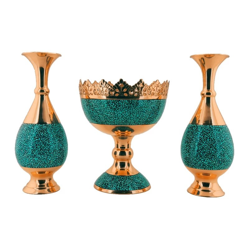 ست سه تکه گلدان و آجیل خوری فیروزه کوبی مدل F012 کد F064