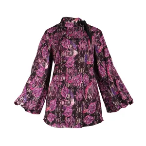 بلوز زنانه مدل یقه سه طرح برگ رنگ بنفش