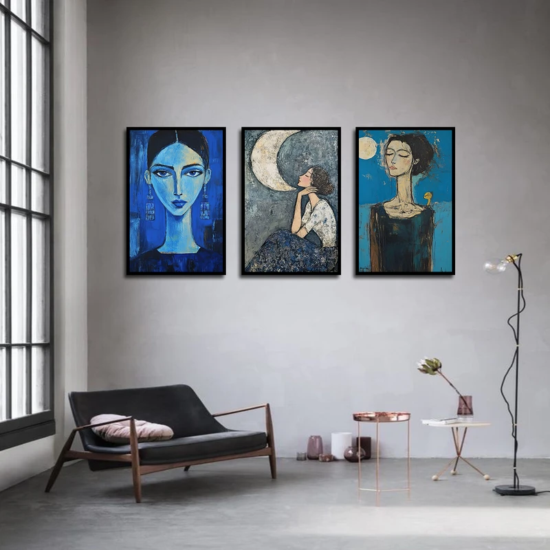 تابلو بکلیت طرح نقاشی چهره و ماه مدل B-3484 فریم مشکی مجموعه 3 عددی