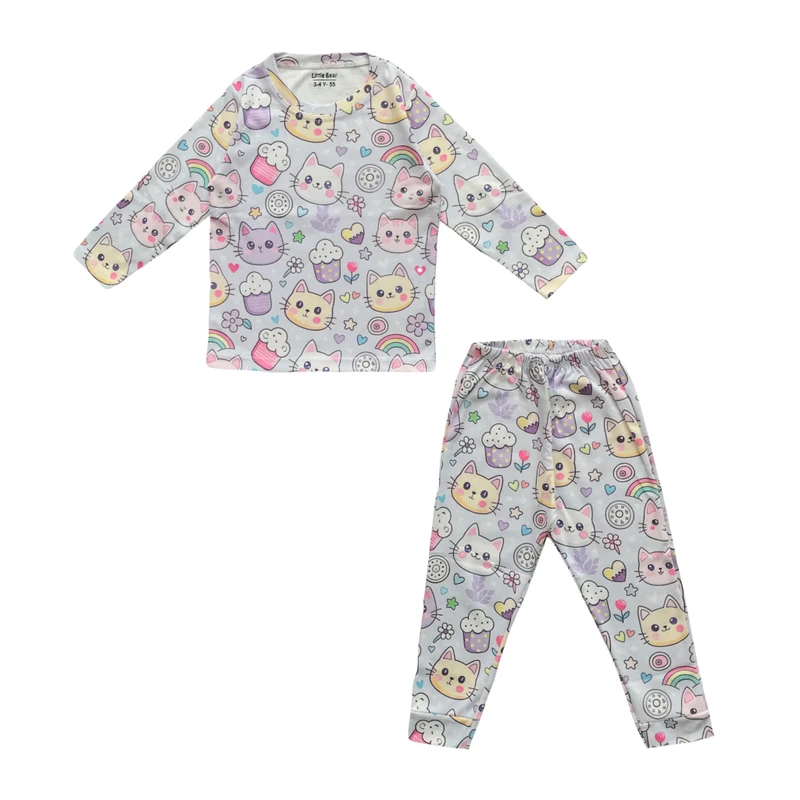 ست تی‌شرت آستین بلند و شلوار راحتی دخترانه مدل گربه ملوس کد ۸۷