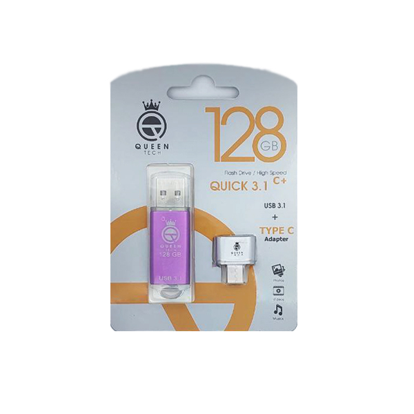 فلش مموری کوئین تک مدل QUICK USB3.1 CPLUSظرفیت 128 گیگابایت به همراه مبدل USB-C