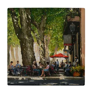 کاشی کارنیلا طرح منظره کافی شاپی در پیاده رو مدل لوحی کد klh1849