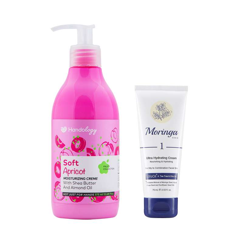 كرم مرطوب کننده هندولوژی مدل Soft Apricot حجم 375 ميلی لیتر به همراه کرم آبرسان مورینگا امو کد UHC1 حجم 75 میلی لیتر
