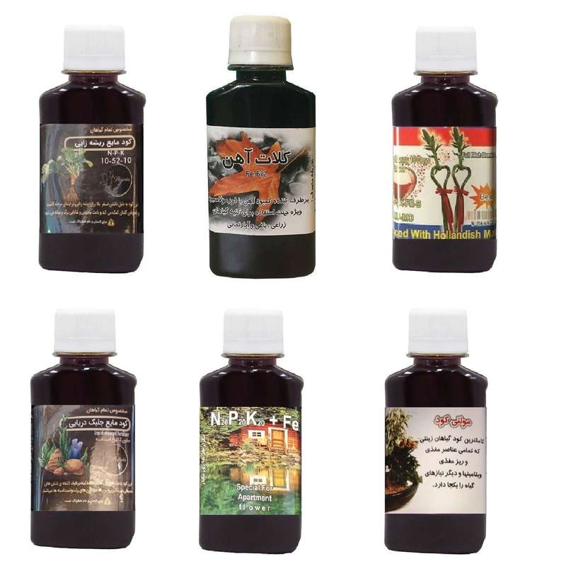 کود مایع فسفر ریشه زایی 10-52-10 و کلات آهن و کود بامبو و کود جلبک دریایی و کود سه بیست و مولتی کود مدل life drop حجم 120 میلی لیتر