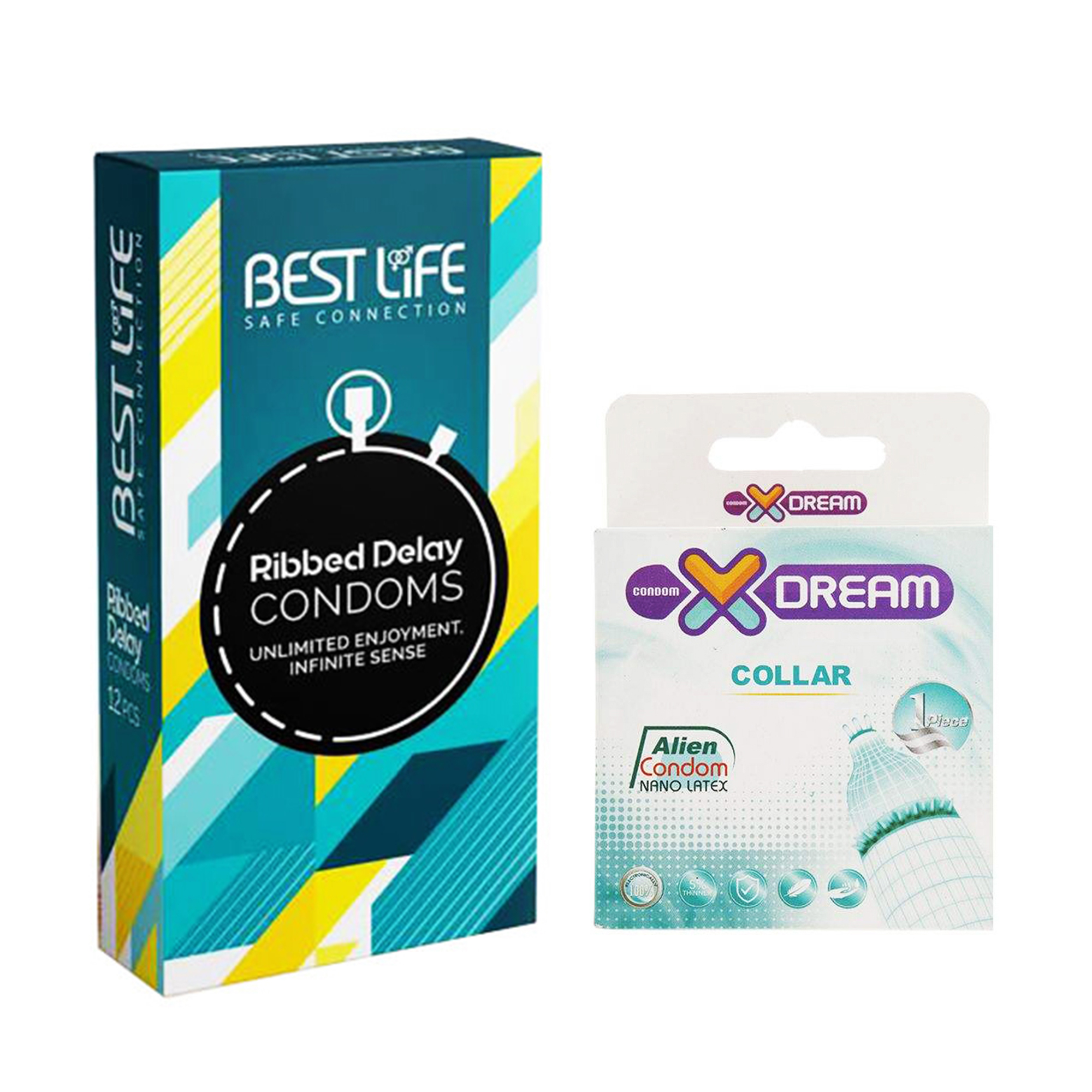کاندوم بست لایف مدل Ribbed Delay بسته 12 عددی به همراه کاندوم ایکس دریم مدل Collar