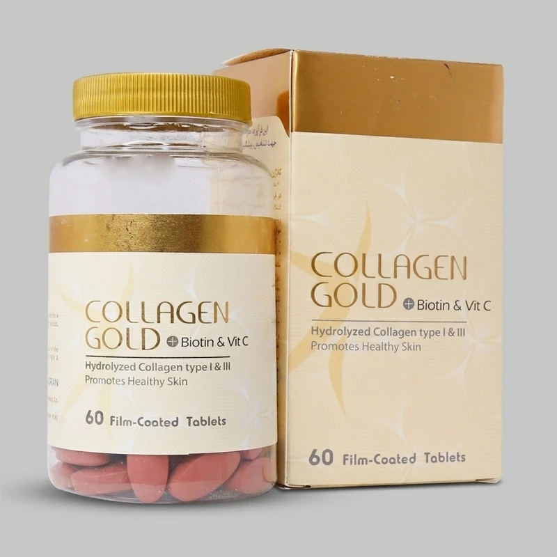 قرص کلاژن هیدرولیز شده آدریان مدل Collagen Gold با ویتامین C و بیوتین، بهبود سلامت پوست، مو و ناخن، افزایش الاستیسیته و کاهش علائم پیری، بسته 60 عددی