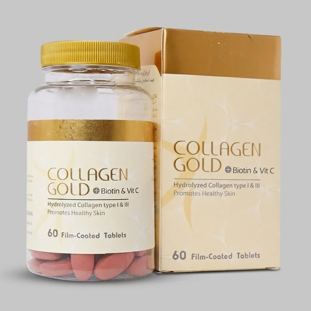 قرص کلاژن هیدرولیز شده آدریان مدل Collagen Gold با ویتامین C و بیوتین، بهبود سلامت پوست، مو و ناخن، افزایش الاستیسیته و کاهش علائم پیری، بسته 60 عددی