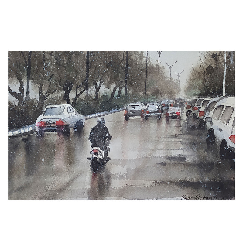 نقاشی آبرنگ طرح خیابان بارانی کد 20