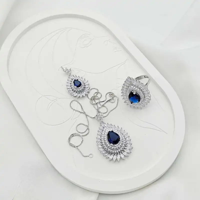 نیم ست نقره زنانه مدل سلطنتی یاقوت کبود BARF97