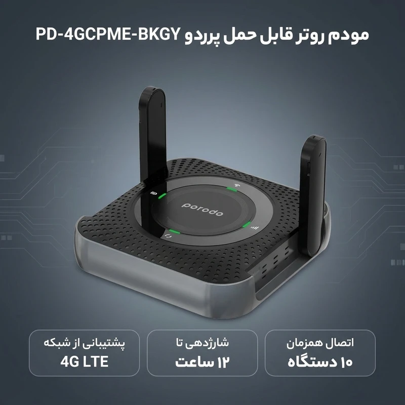عکس شماره 3 : مودم روتر قابل حمل پرودو مدل pd-4gcpme-bkgy با پشتیبانی 4g lte، باتری 4000 میلی آمپرساعتی با شارژدهی 12 ساعت، اتصال همزمان تا 10 دستگاه، پورت lan و فرکانس 2.4 گیگاهرتز