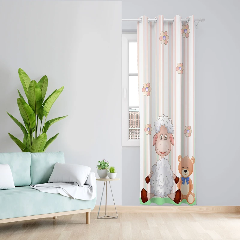 پرده مدل گوسفند و خرس مخمل پانچی کد 4551 سایز 140x280 سانتی متر