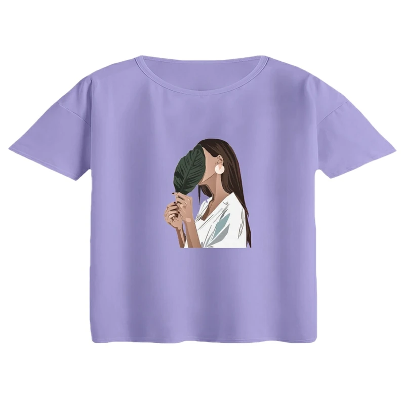 کراپ تی‌شرت آستین کوتاه زنانه مدل برگ و دختر رنگ یاسی