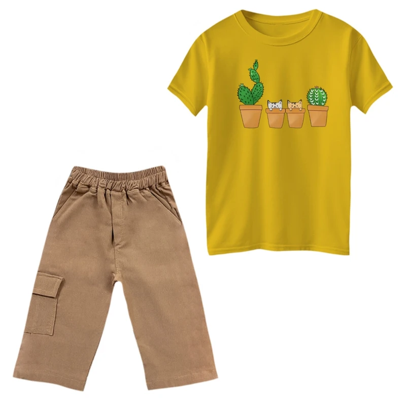 ست تی‌شرت و شلوارک دخترانه مدل کاکتوس و گربه