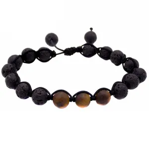 دستبند مردانه مدل بافت سنگ لاوا و چشم ببر 